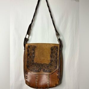 Vintage Large Heavy Leather Tooled Bag Cognac Brown